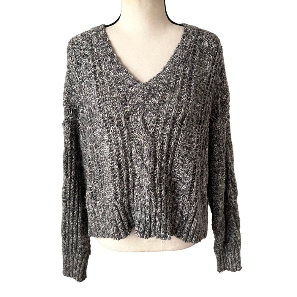 3/$20💥 Lucky Brand Cable Knit Gray V-Neck Sweater‎ Relaxed Dolman Sleeve Cotton